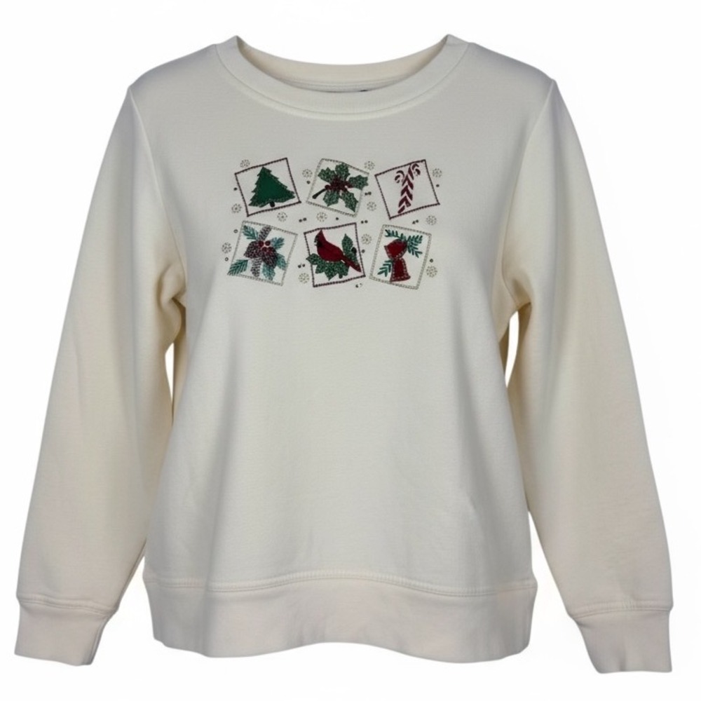 Holiday Editions Cream Christmas Tree Cardinal Holly Candy‎ Cane Sweatshirt SZ S